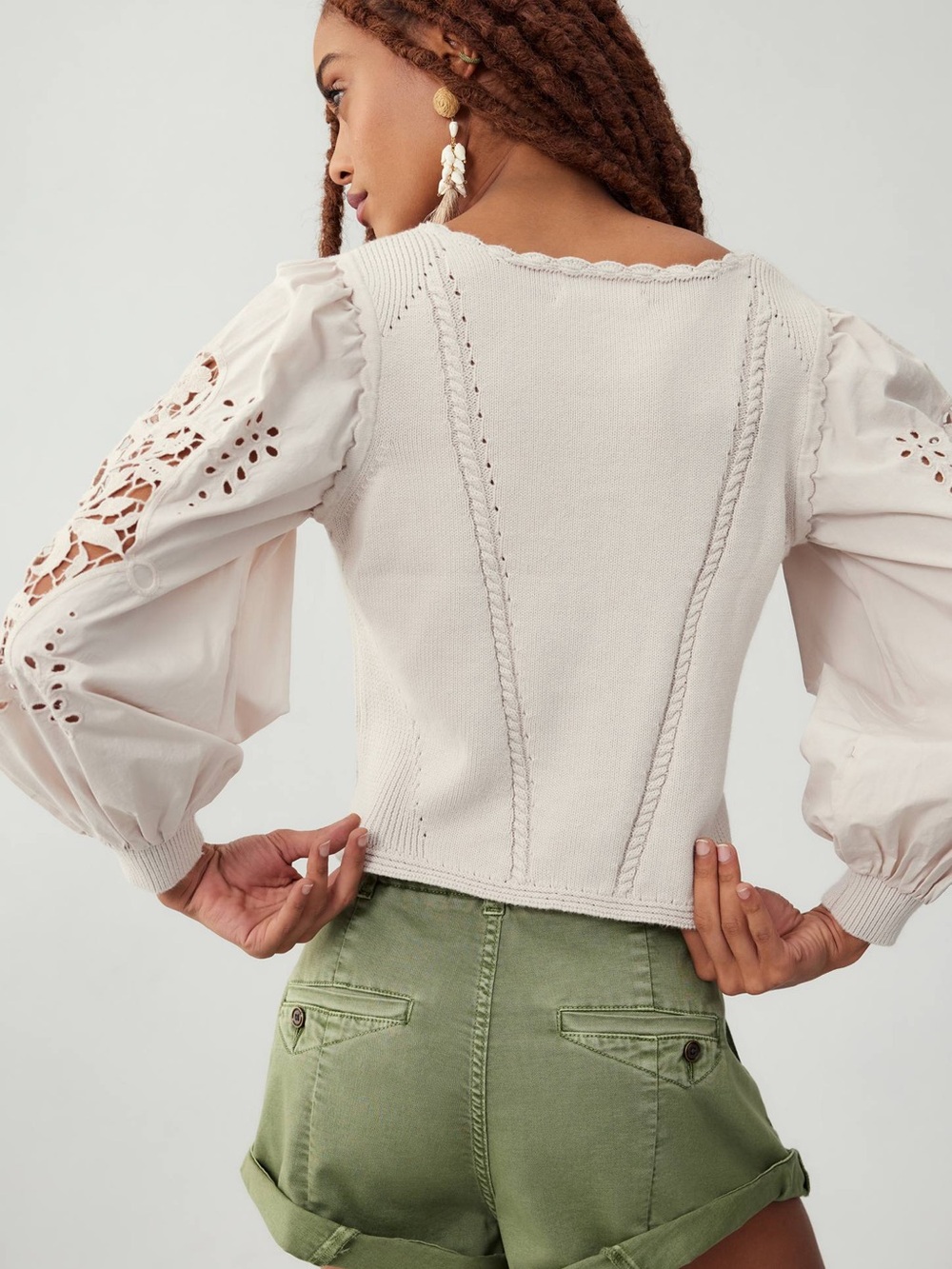 By Anthropologie Cutwork Puff-Sleeve Cotton Sweater - Large - Picture 3 of 9